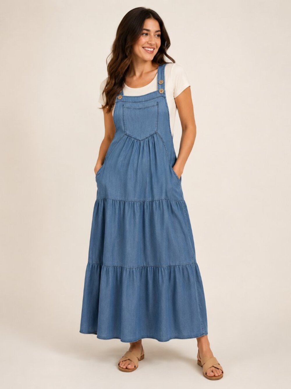 Blue Chambray Overall Tiered Maternity Midi Dress Large